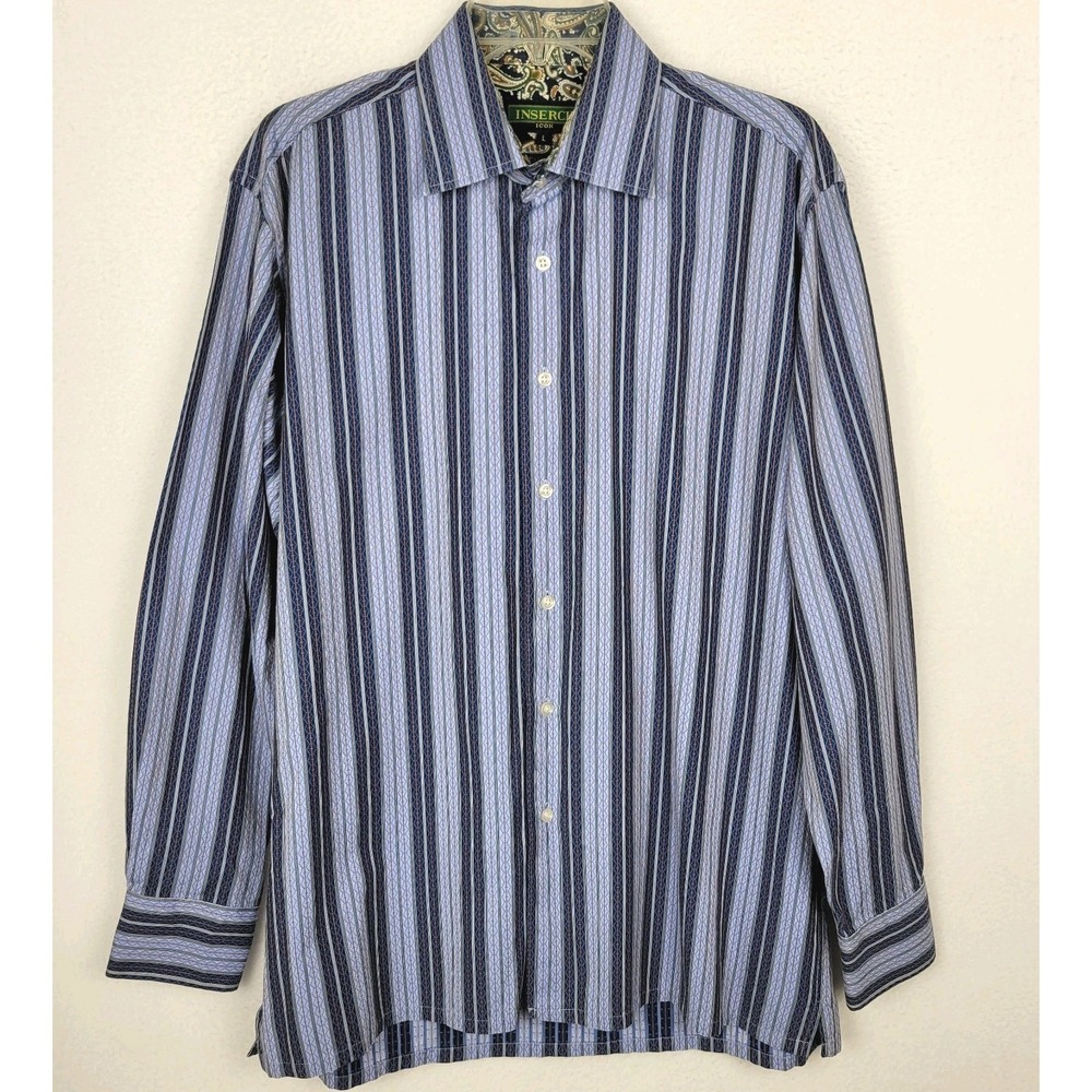Vintage Inserch Icon Mens Large Jacquard‎ Cotton Striped Shirt Paisley Flip Cuff